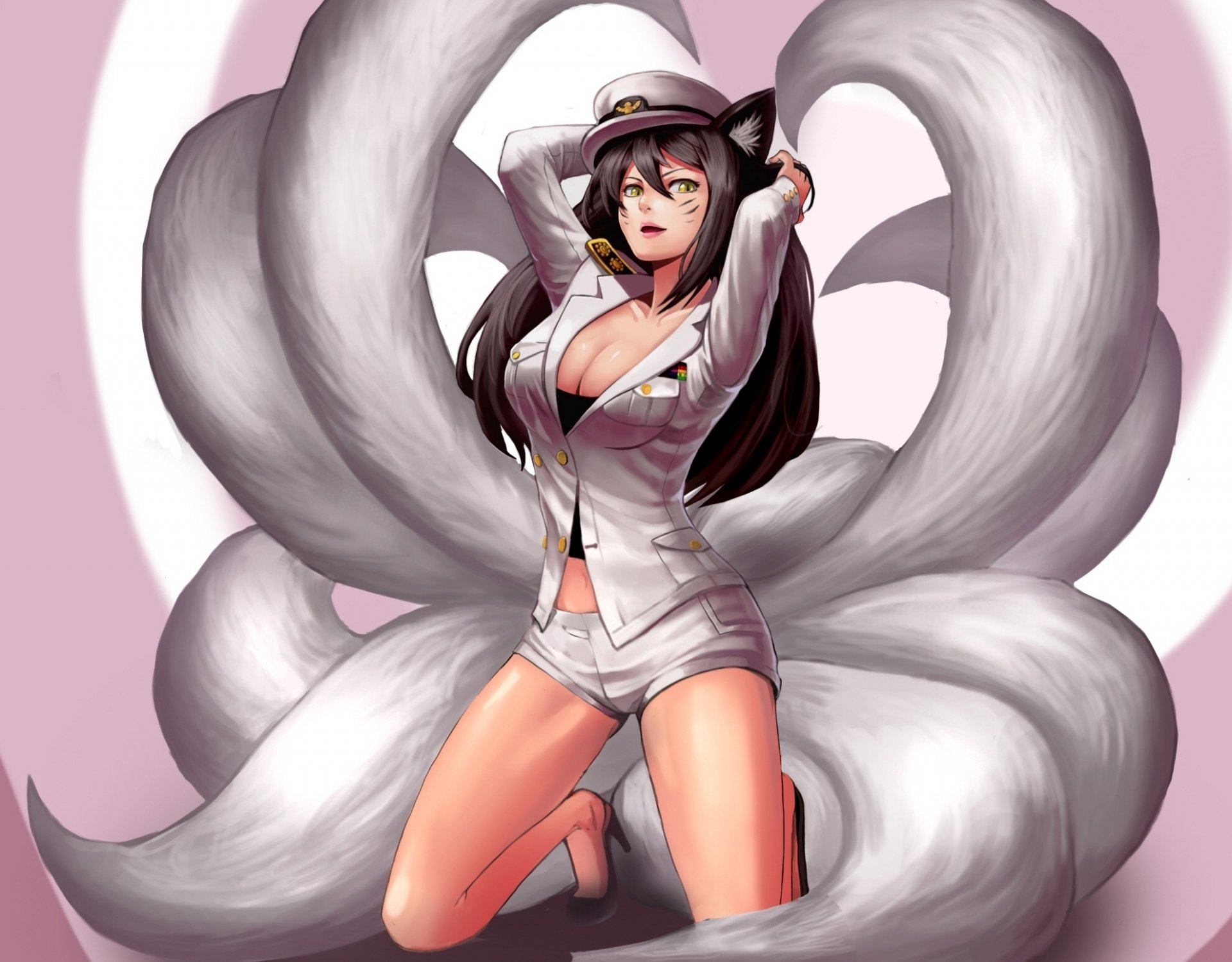 arte goomrrat chica ahri mirada pecho zorro orejas colas forma liga de leyendas