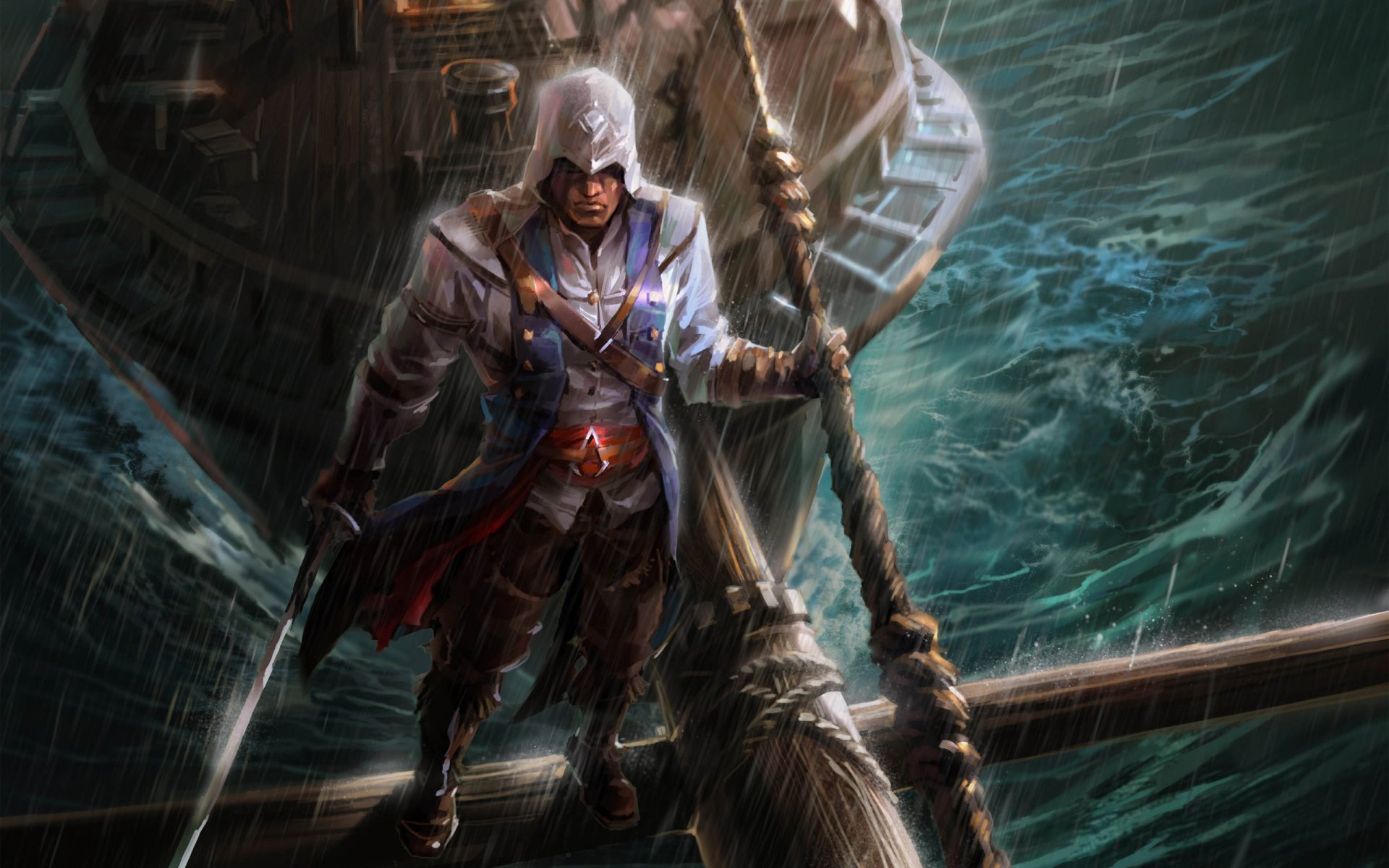 fan art assassin‘s creed guy ship the beam sword rain hood