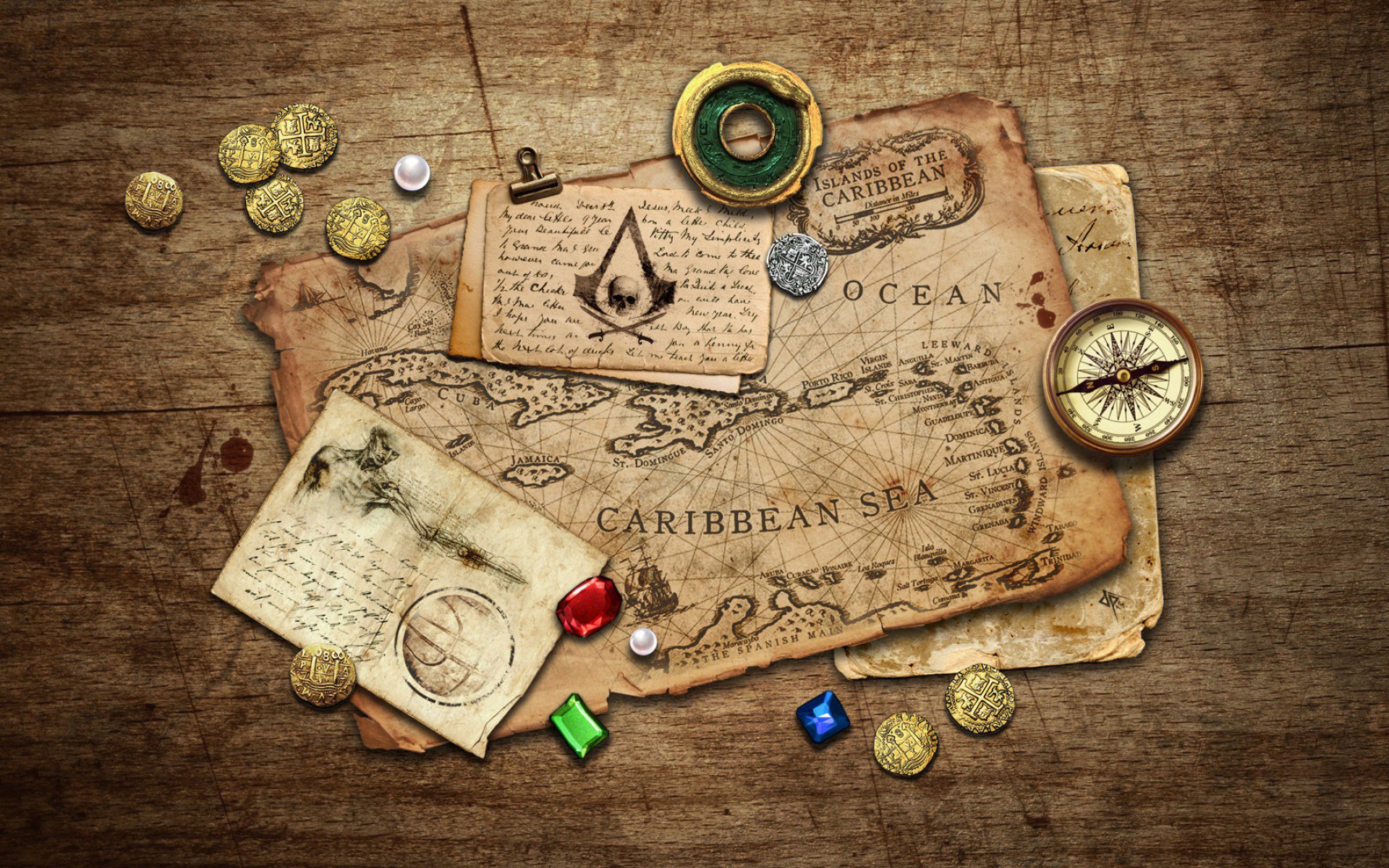 assassin s creed iv czarna flaga stół mapa monety kompas rekordy kamienie