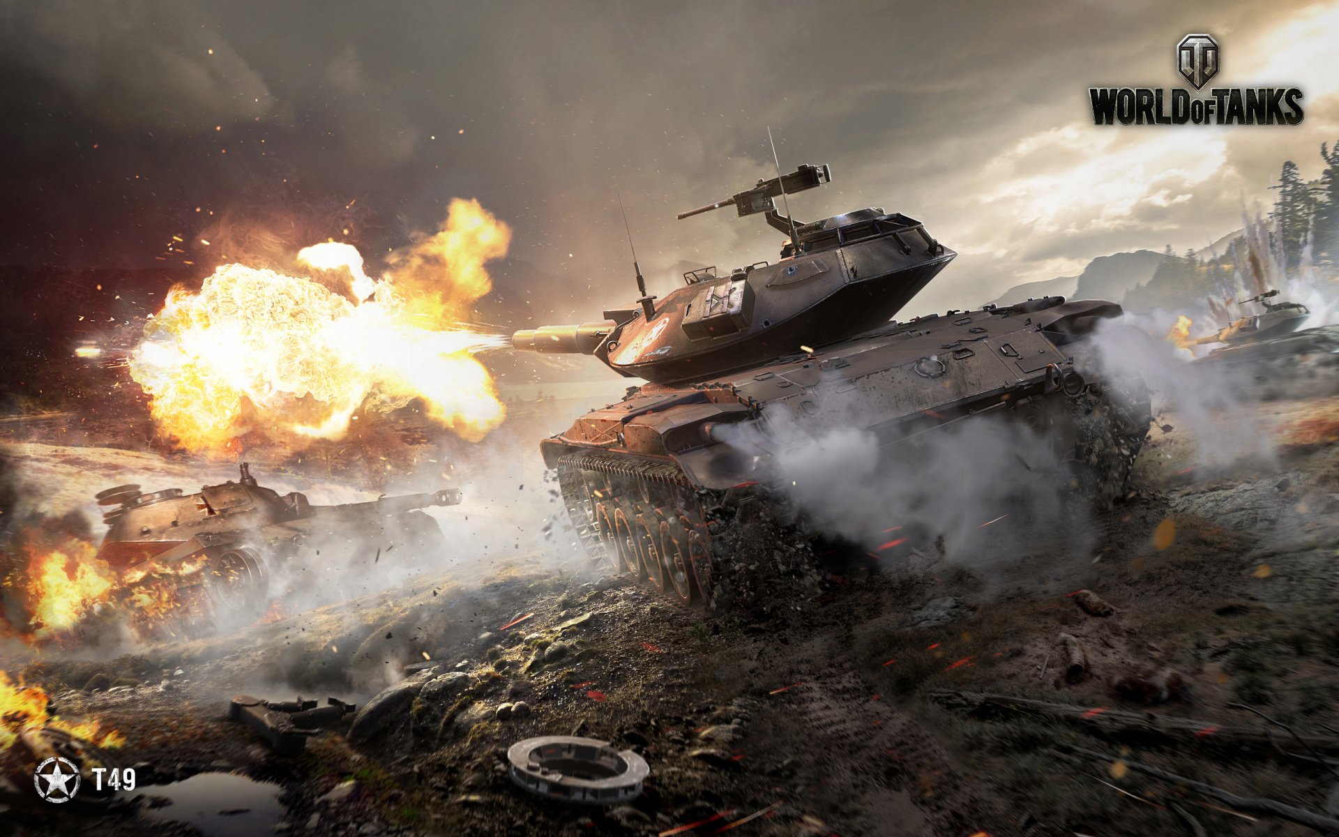 world of tanks wargaming netto wot wp t49 usa lekki czołg płomień ogień strzał chmury zachód słońca niebo dym żelazo pień drzewa błoto światło mgła iskry