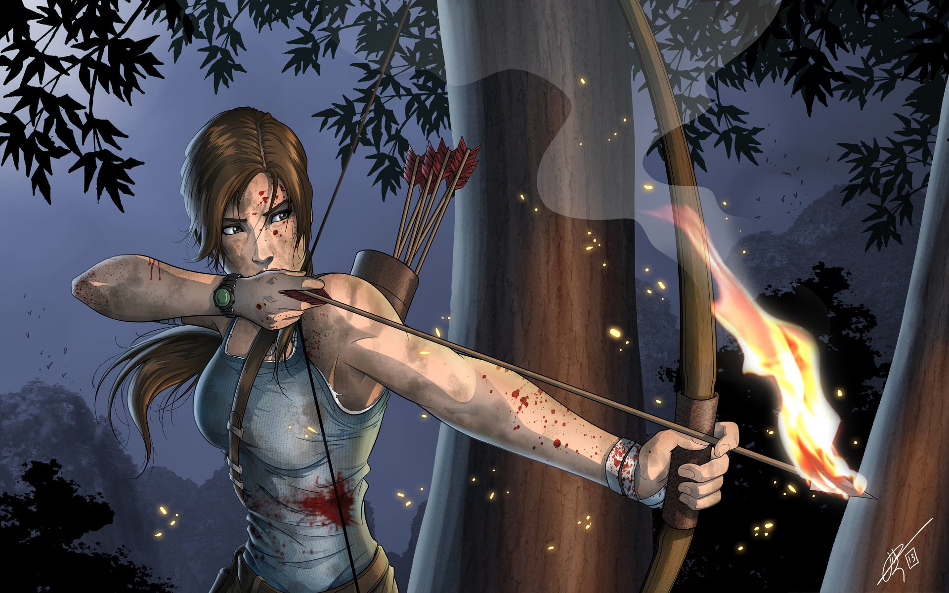 lara croft tomb raider arte armi arco frecce fuoco mira viso sangue capelli coda di cavallo maglietta