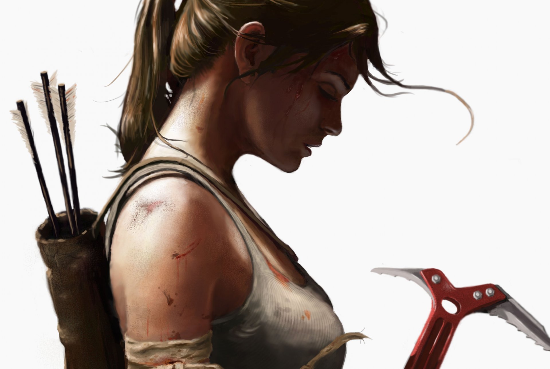 kunst tomb raider lara croft profil mädchen pferdeschwanz t-shirt pfeile weißer hintergrund