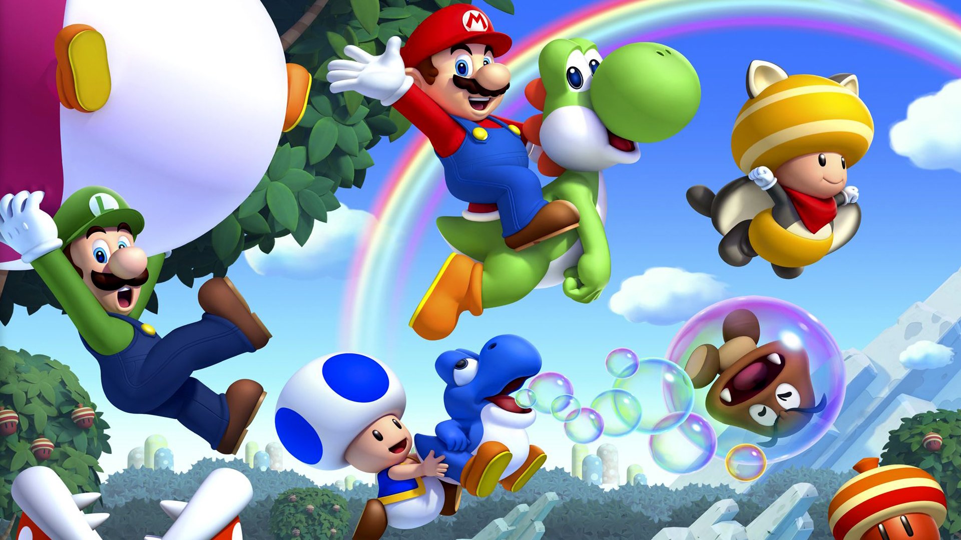 pas super mario u mario nintendo wii u champignons arc-en-ciel arbres feuilles bulbashki luigi