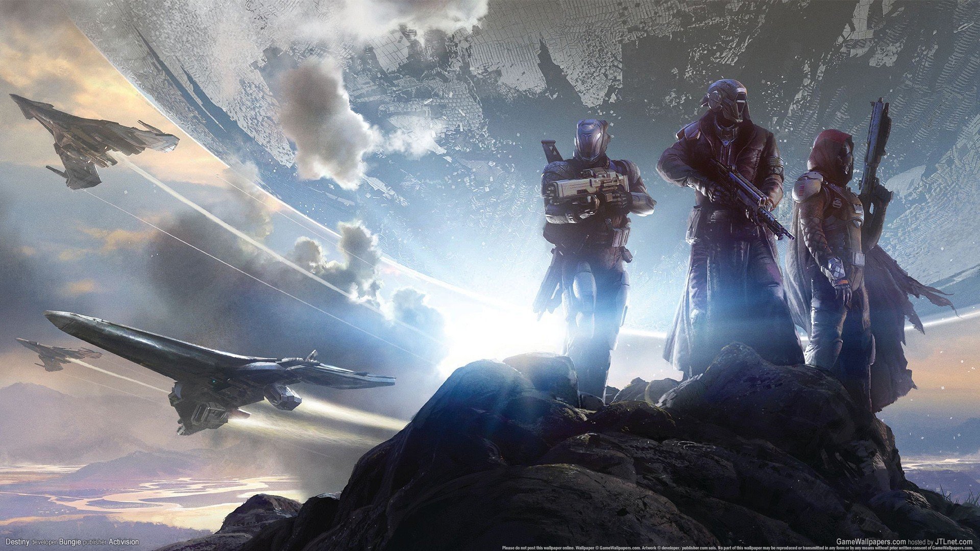 destino guerrieri combattenti pianeta astronavi armi pietre armatura nuvole montagne caschi bungie activision gamewallpaper