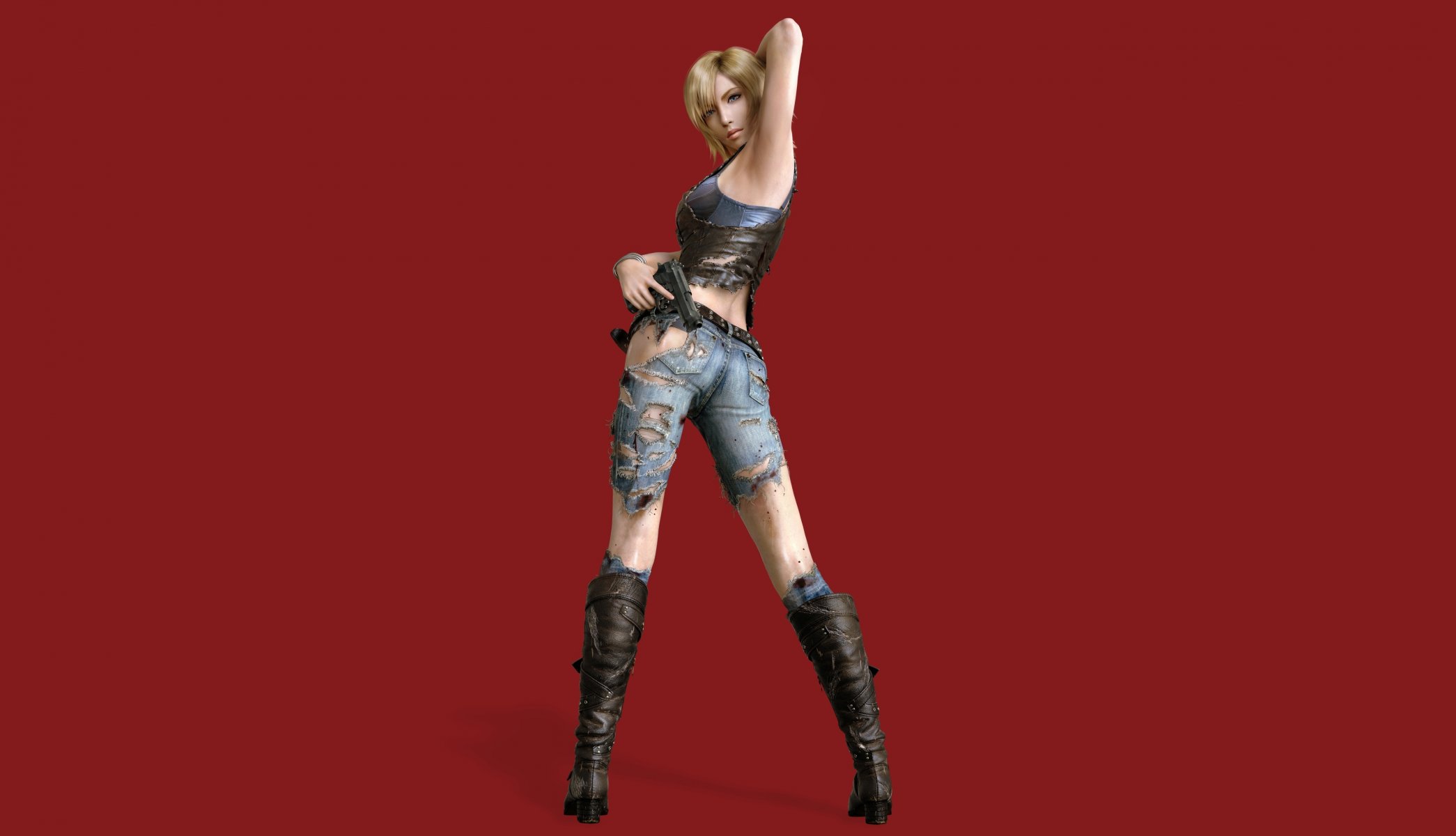 parasite eve the 3rd birthday aya brea game girl view boots jeans. weapons pose red background