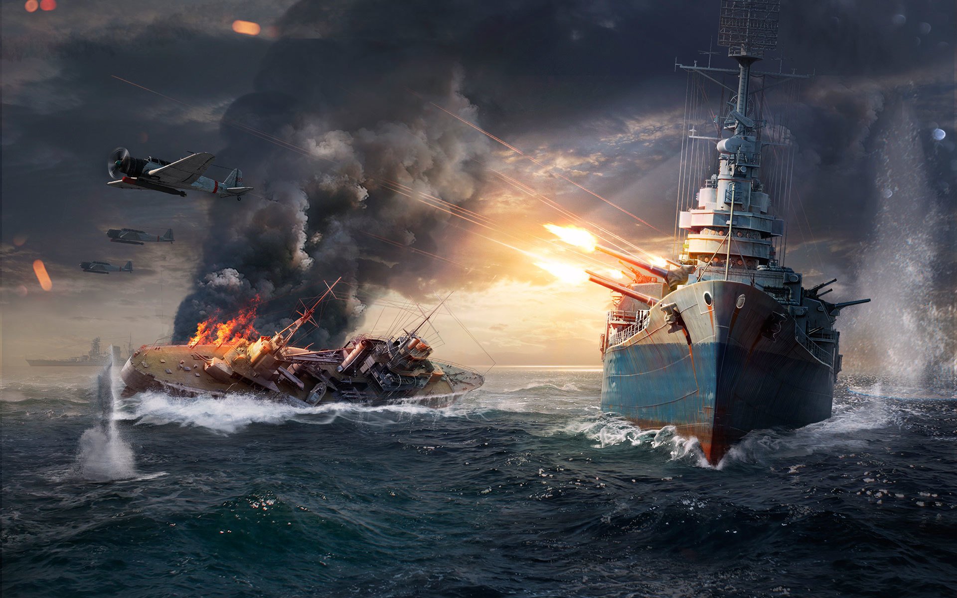 navi da guerra del mondo wargaming netto colpisce navi del mondo wg colpo fiamma fuoco fumo acqua navi nave onde cielo nuvole tronco ferro scintille aerei