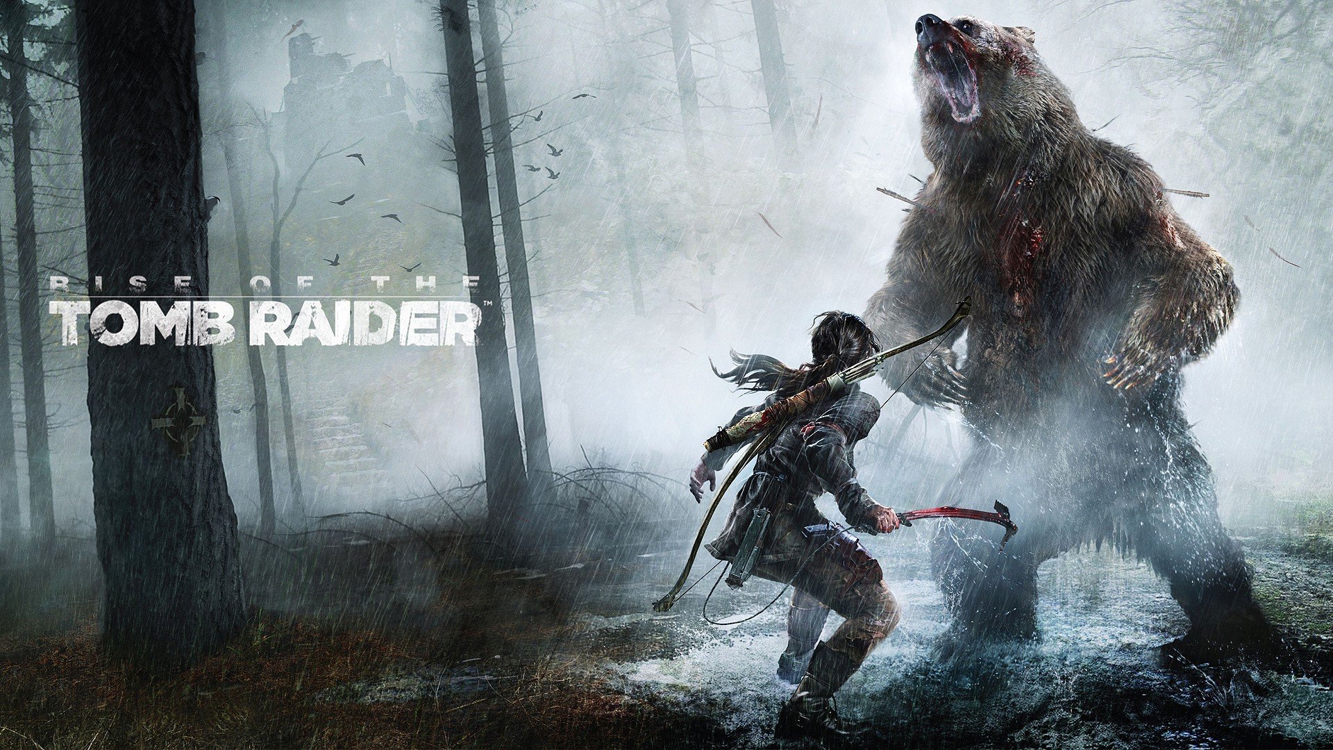 elevation : tomb raider Lara Croft girl bow trees ice axe bear forest rain