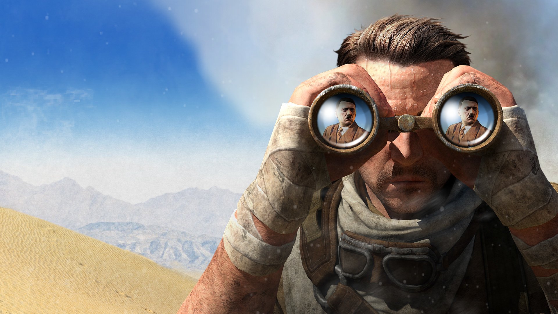 niper elite 3 rebellion 505 games africa sniper elite sniper karl fairbairn karl fairburne glasses bandage sunglasses arafatka scarf sky clouds mountain sand smoke men military dune