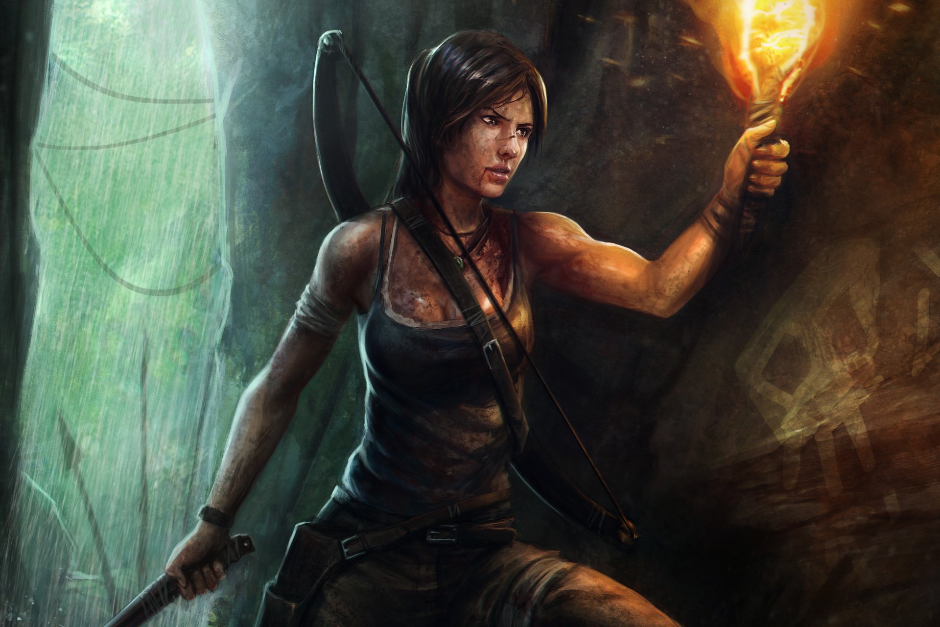 art lara croft tomb raider dziewczyna pochodnia łuk jaskinia woda plamy