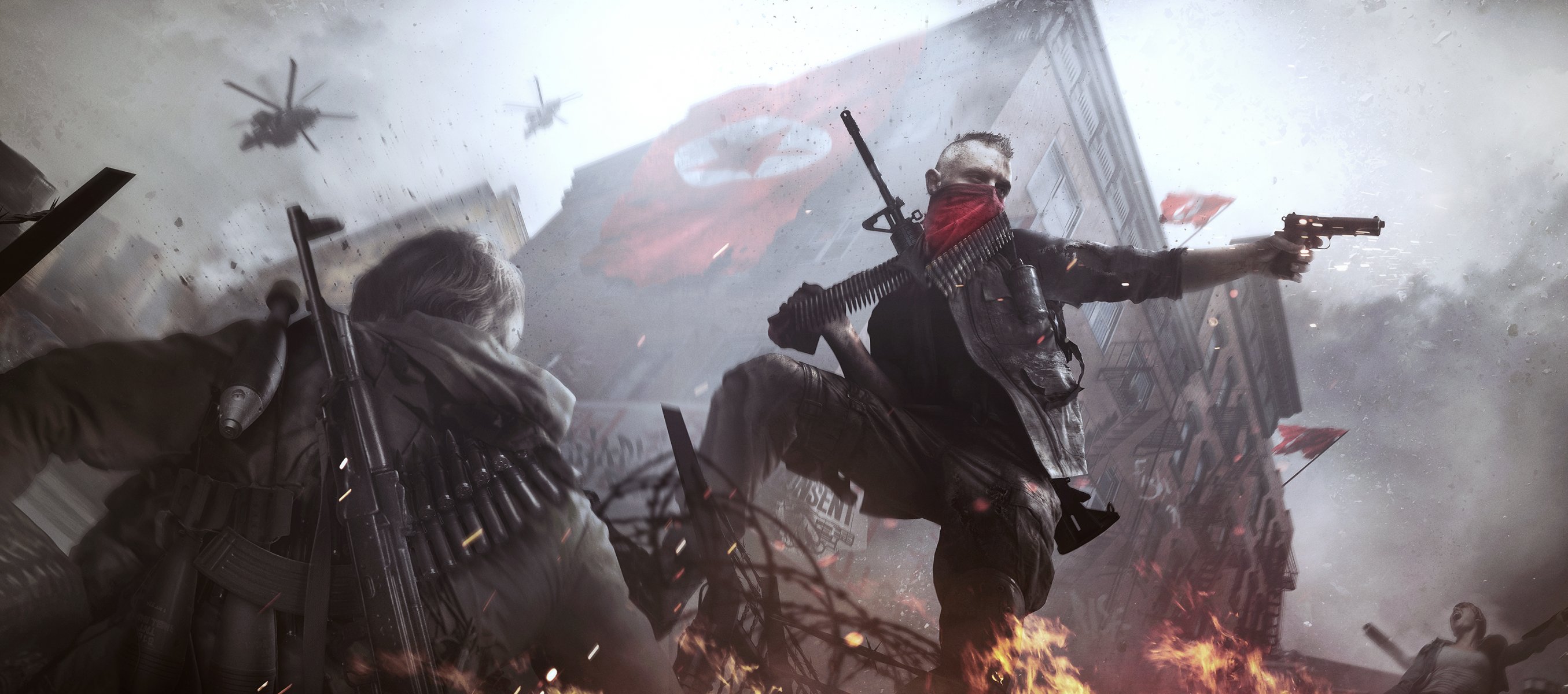 homefront: the revolution deep silver crytek uk weapon gun view bandana buildings sky clouds the situation industrial complex people flags flame fire smoke