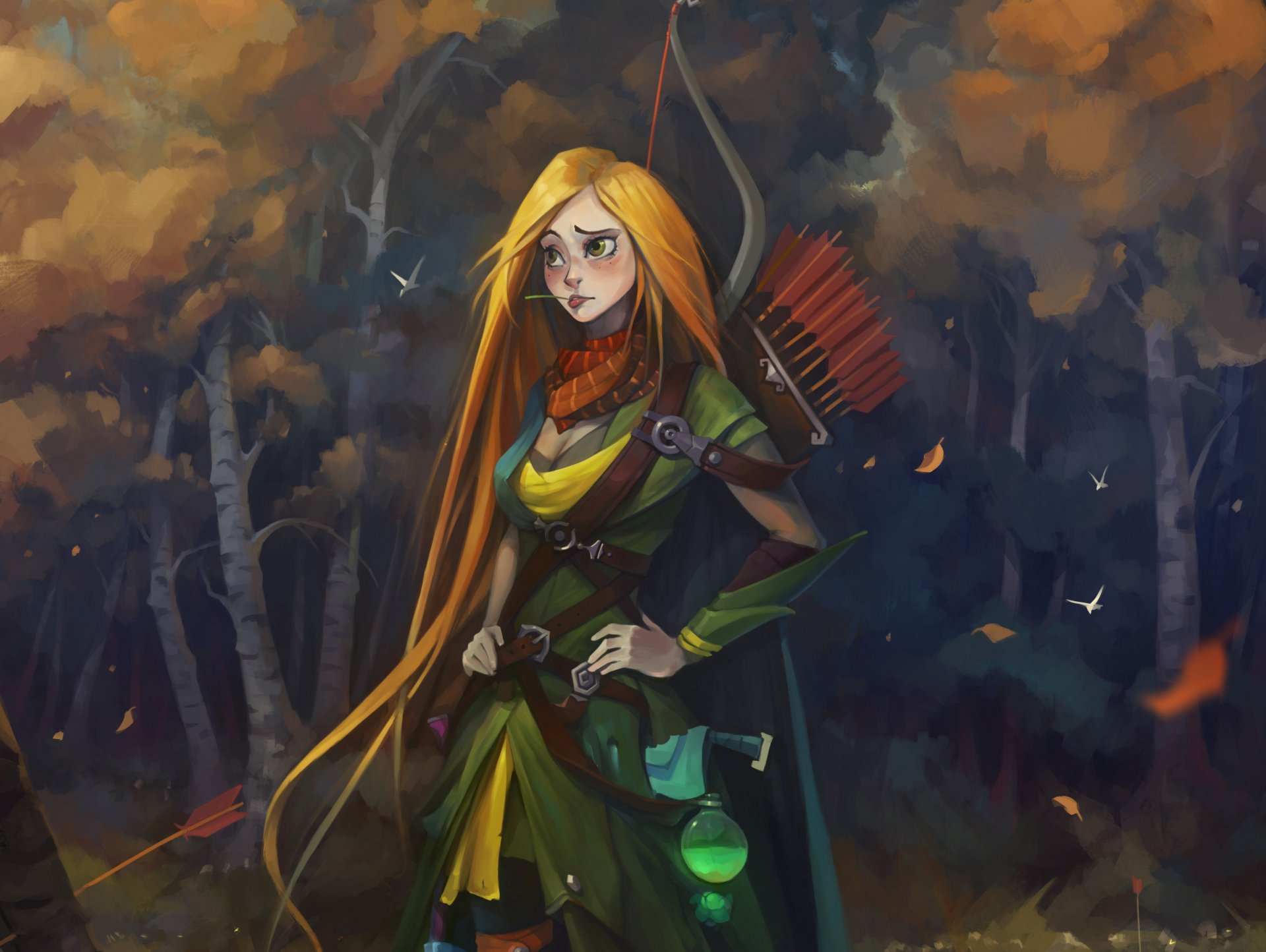 forêt archer cheveux arc flèches fille robe aile de vent dota 2 fan art fanart