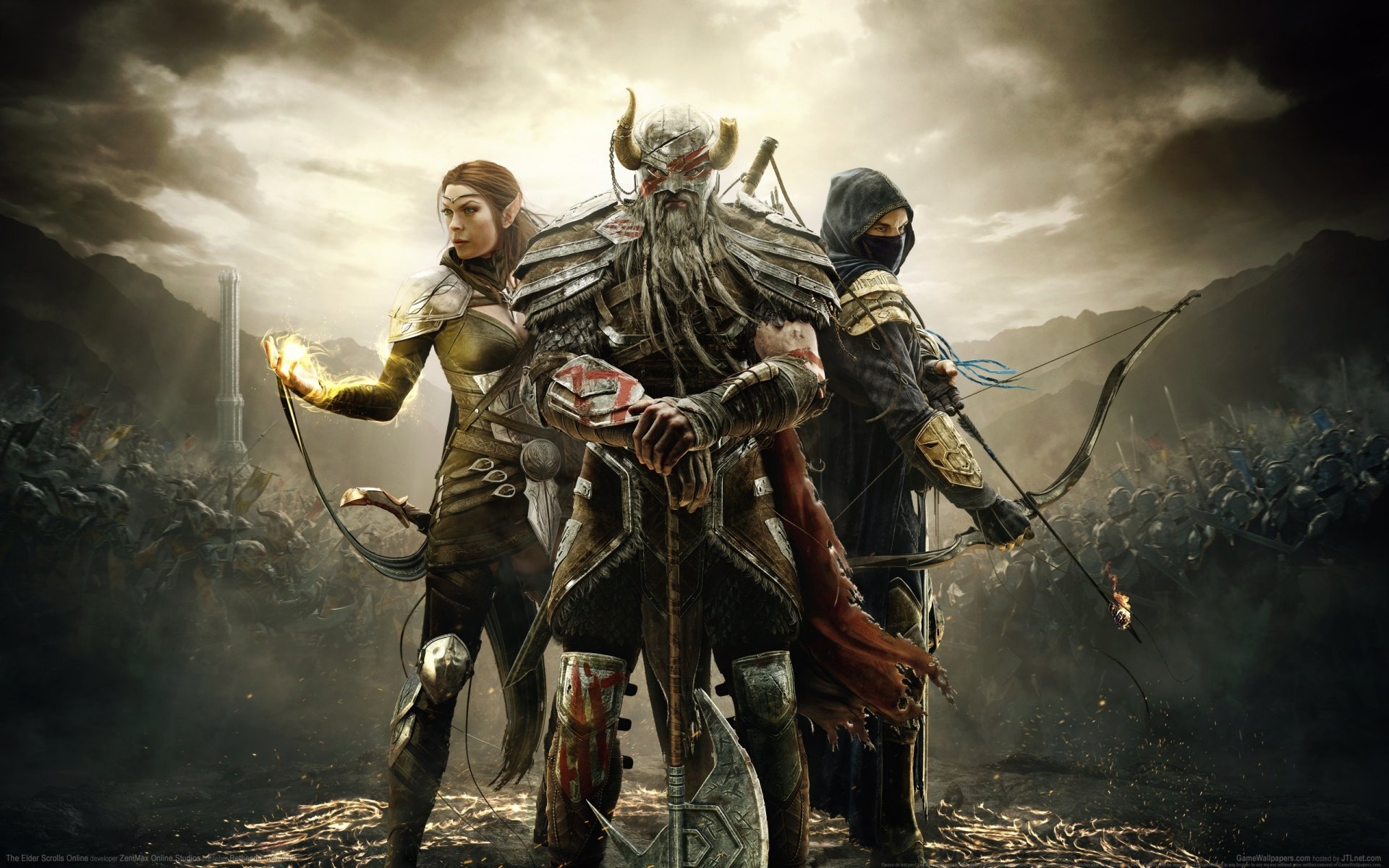 the elder scrolls online bethesda softworks zenimax online studios mag wojownik zabójca łucznik magia topór zbroja miecz zbroja dziewczyna strzały kaptur maska strój the elder scroll