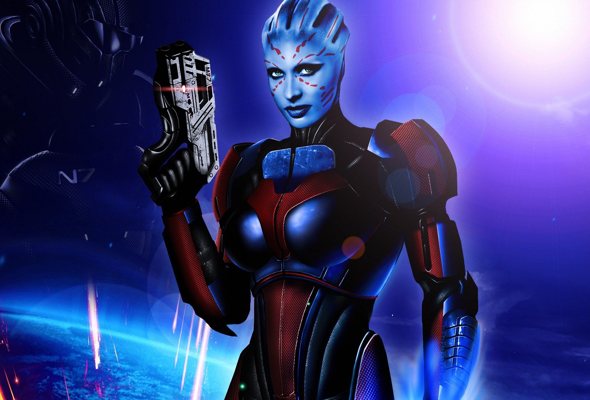 fan art mass effect azari dziewczyna broń zbroja