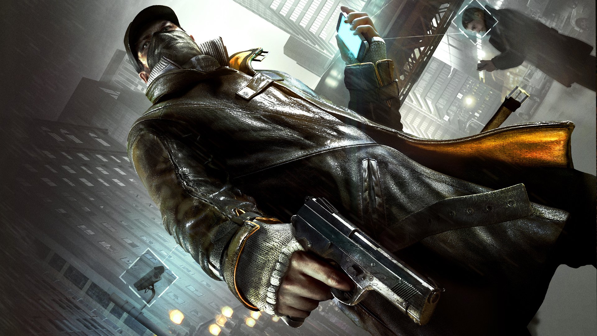 watch dogs watchdogs aiden pearce gun weapon mask view phone town