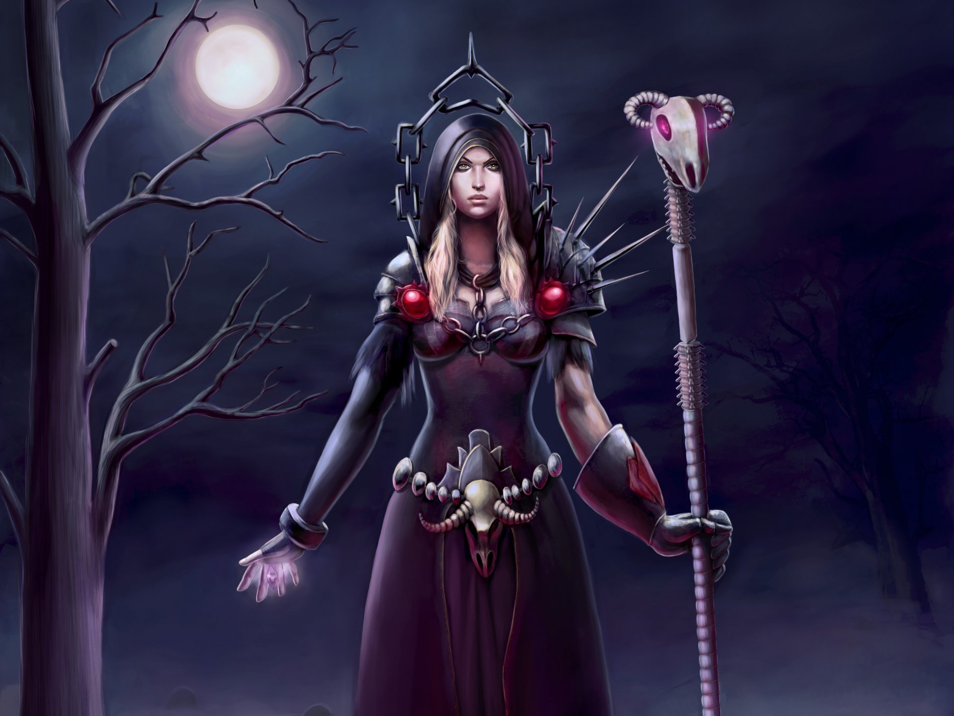 sztuka world of warcraft warlock dziewczyna księżyc noc laska drzewo