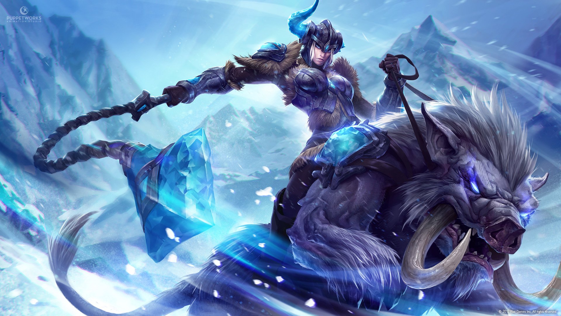 kunst michal ivan league of legends sejuani schnee monster mädchen waffen kristall berge horn