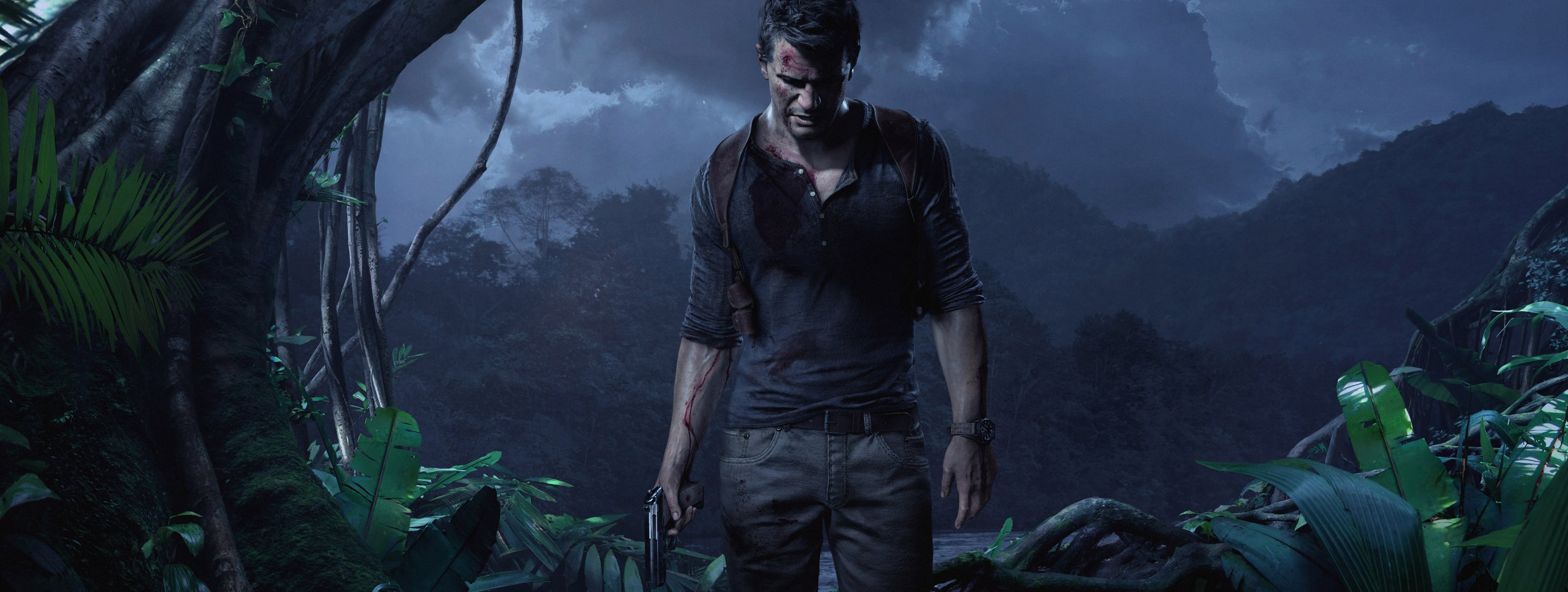 uncharted 4: koniec złodzieja nathan drake broń dżungla zegar chmury niebo światło drzewa woda rany krew