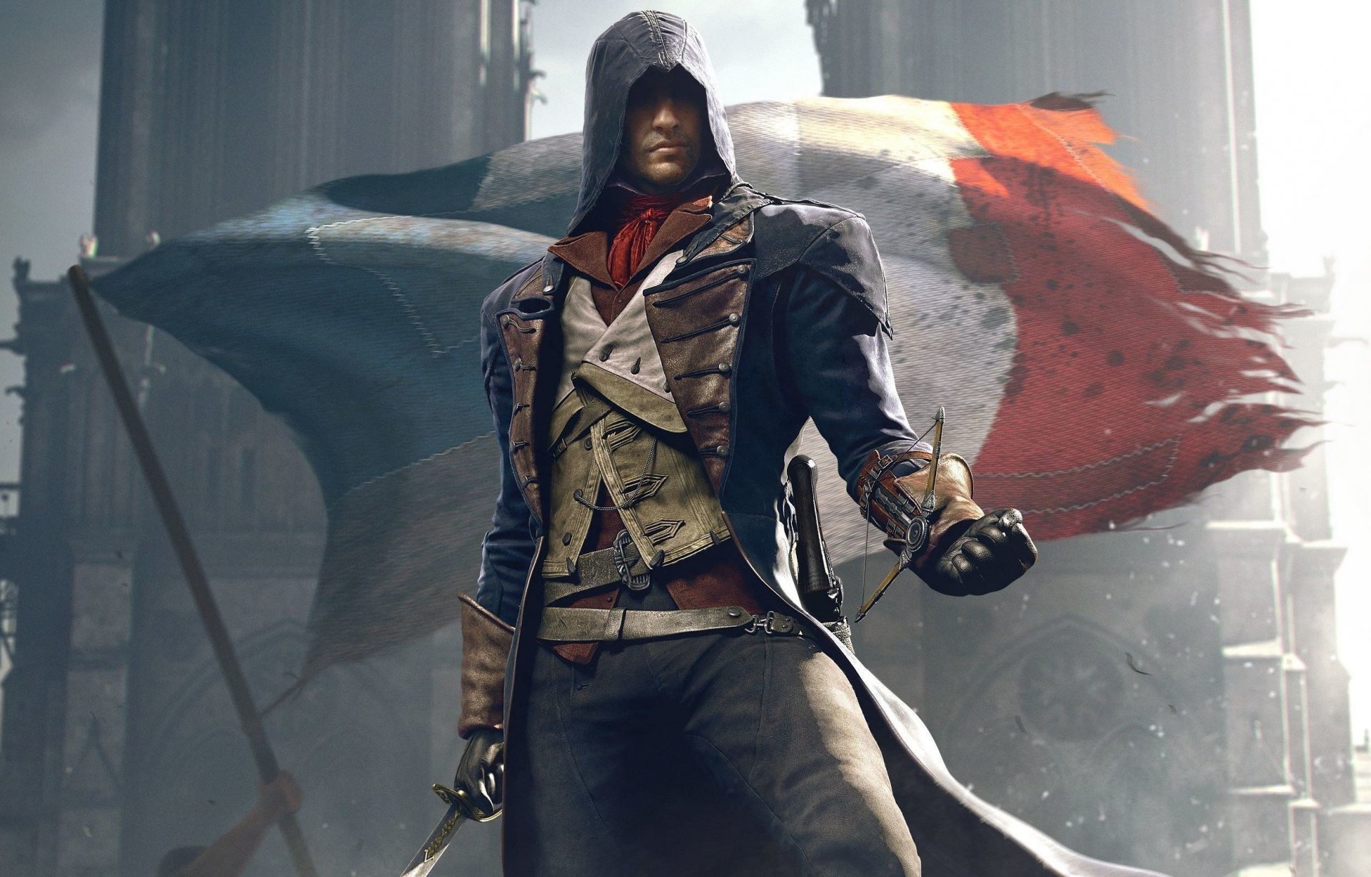 assassin s creed : unity ubisoft assassin s creed assassin s creed: unity flag arno hood outfit light weapon look cathedral assassin s creed: unity