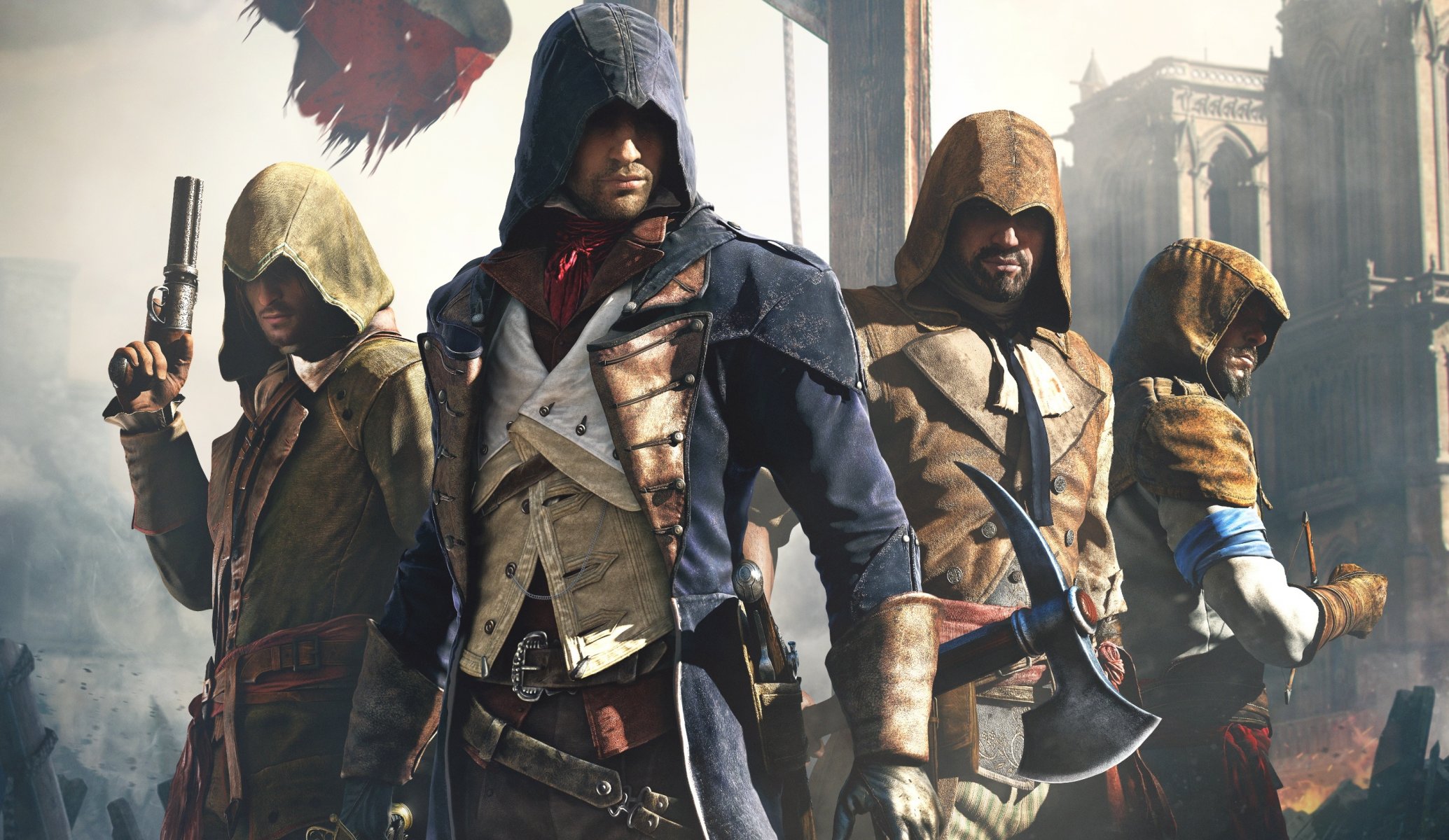 assassins creed: unity ubisoft assassins creed assassins creed: unity bandera arno capucha equipo luz armas vista catedral assassin s creed: unity