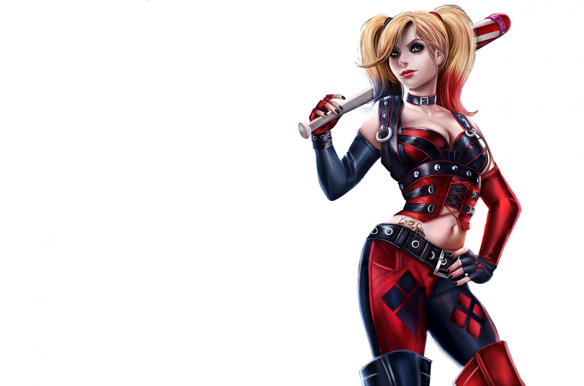 harley quinn arte sguardo cattivo costume bit coda di cavallo sfondo