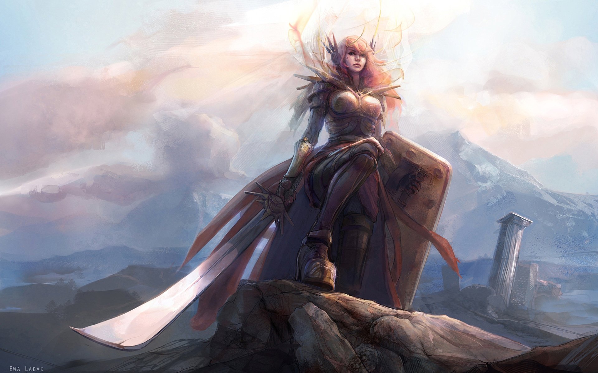 league of legends lol leona girl armour sword shield mountain light