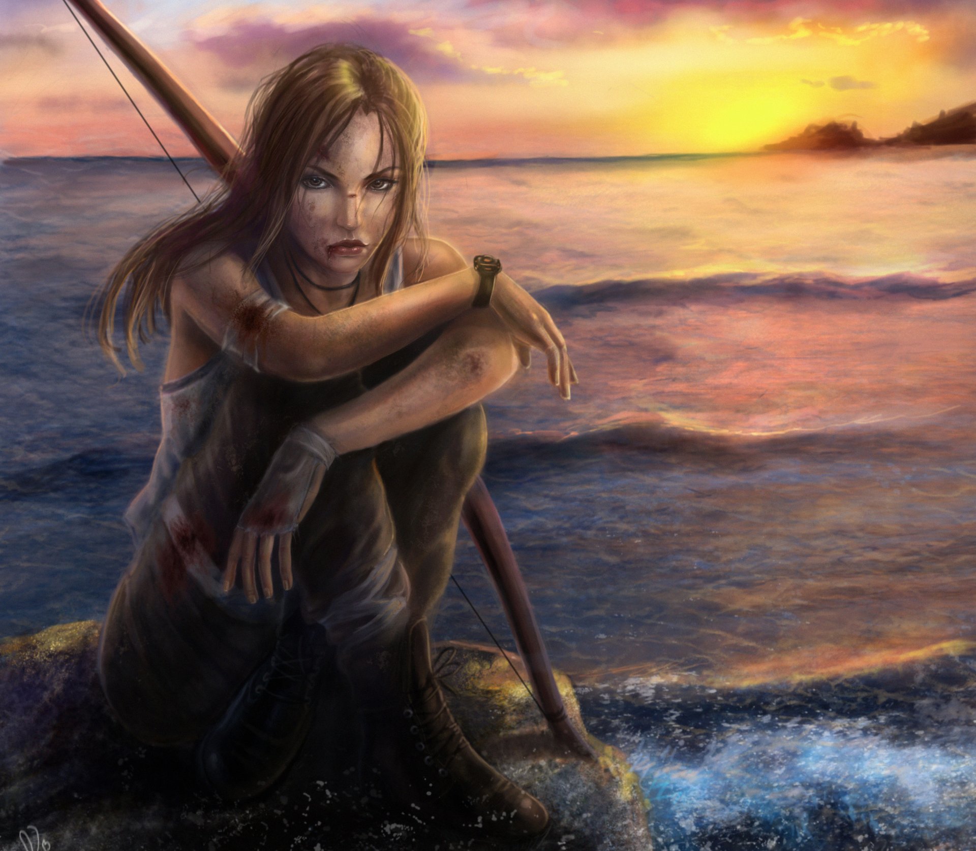 lara croft tomb raider game girl jersey gloves blood weapon torment view hair watches sitting stone water sea sky sunset