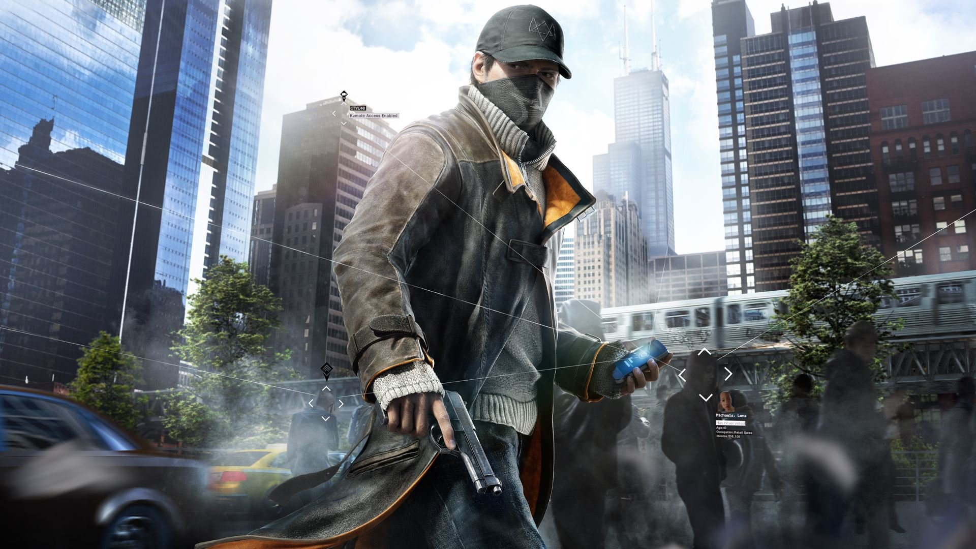 perros reloj perros guardianes aiden pierce capa suéter armas pistola personas teléfono gorra ciudad casas chicago árboles cielo nubes vagón ubisoft