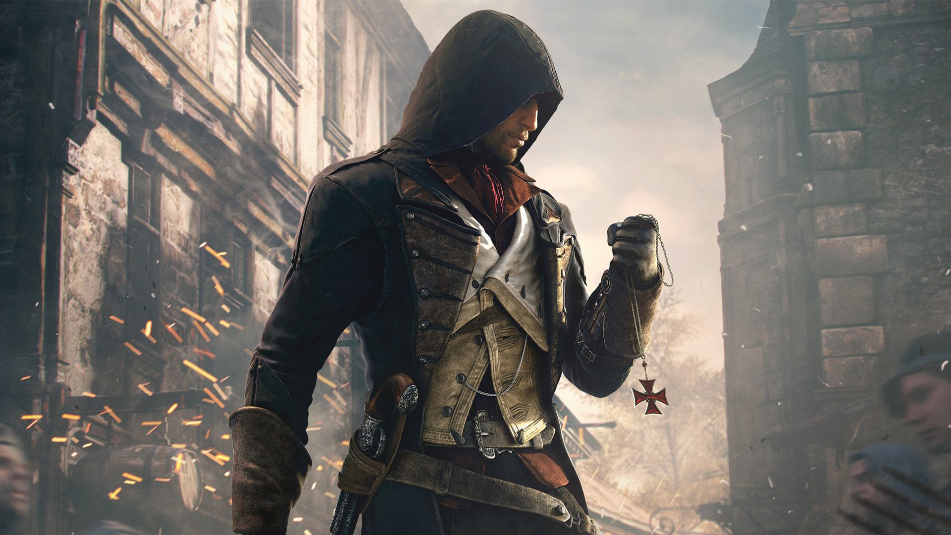 assassin s creed: unity arno killer hood paris mark pistol window house ubisoft