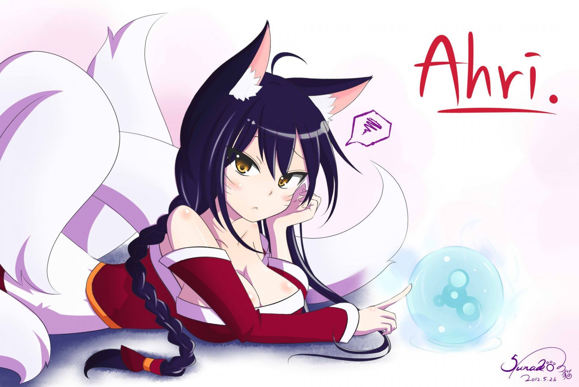 kunst mädchen ahri blick liegt fuchs ohren schwänze brust magie league of legends