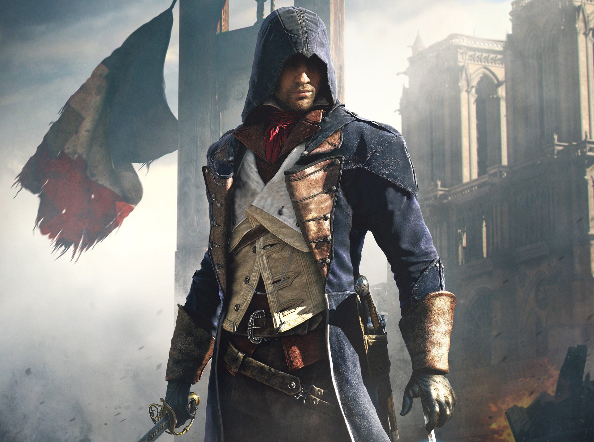 assassin creed: unité arno assassin capot paris pistolet drapeau maisons épée lame ciel ubisoft