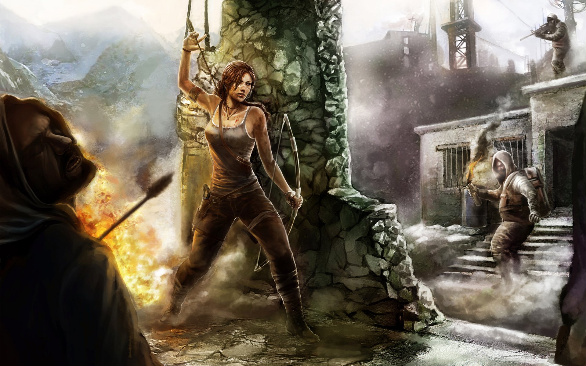 arte tomb raider ragazza colonna battaglia frecce fuoco