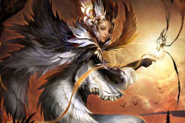 Fantasy art. A girl in a feather suit