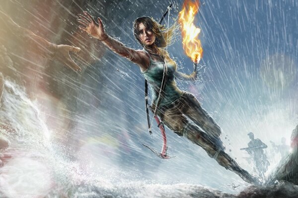 Lara croft LÄUFT MIT EINER FACKEL IM REGEN