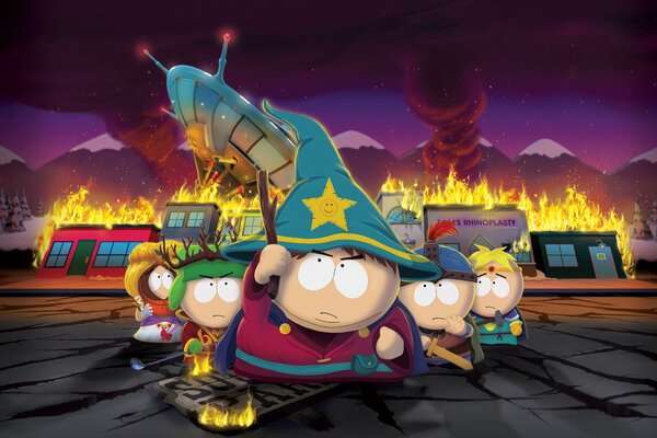 L intera squadra di South Park con il personaggio principale ha in mano il bastone della verità