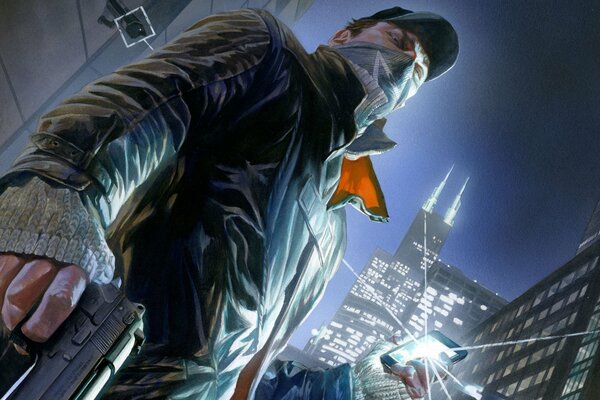 Aiden Pierce de Watch Dogs con una pistola y un Teléfono