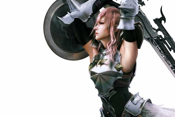 A girl with a shield and a sword on a white background