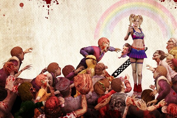 Lollipop Chainsaw girl with chainsaw surrounded by zombies