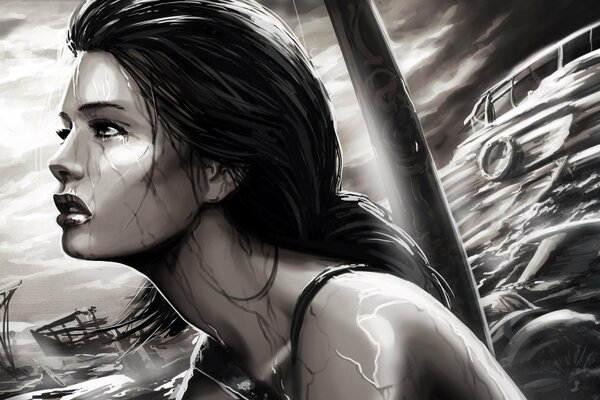 Photo de profil de Lara Croft tomb raider navire en mer en fond noir et blanc