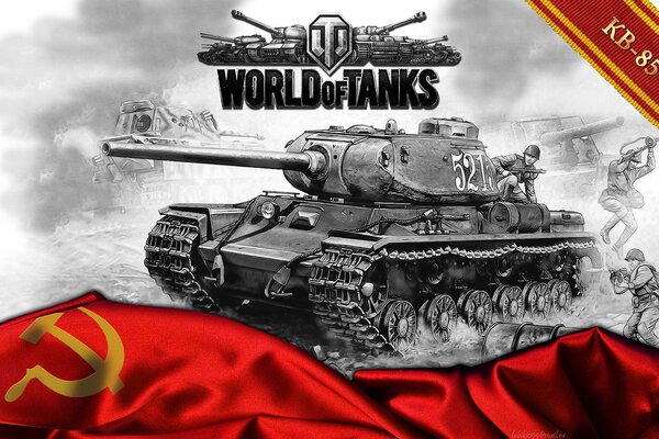 Emblema del juego World of tanks con la bandera Soviética y el tanque