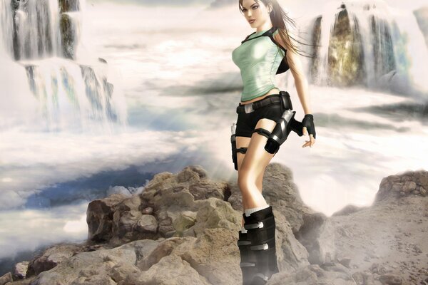 Lara croft VOR DEM HINTERGRUND VON MEHREREN SCHÖNEN WASSERFÄLLEN