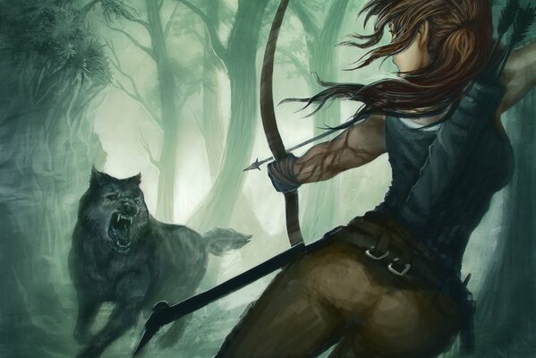 A girl shoots a wolf with a bow