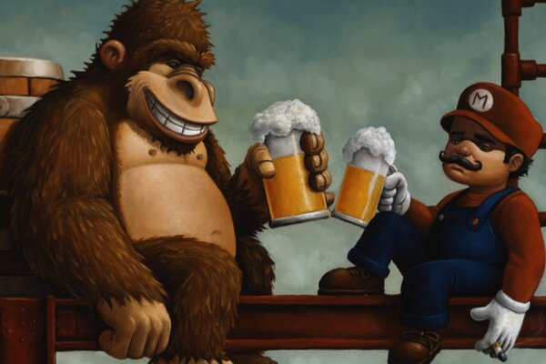 Donkey Kong und Mario Fass Bier trinken