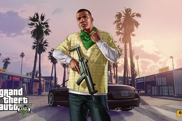 Personnage du jeu GTA sur le fond de l emplacement du jeu