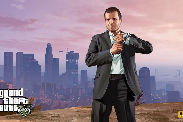 A man in a suit and a gun on the background of a big city