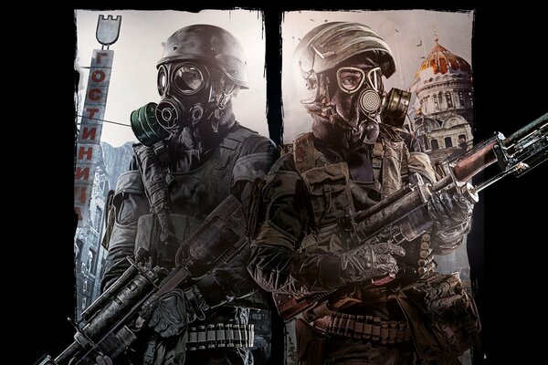 Fighters in the Metro 2033 game in bulletproof vests against the background of a church and a clear sky