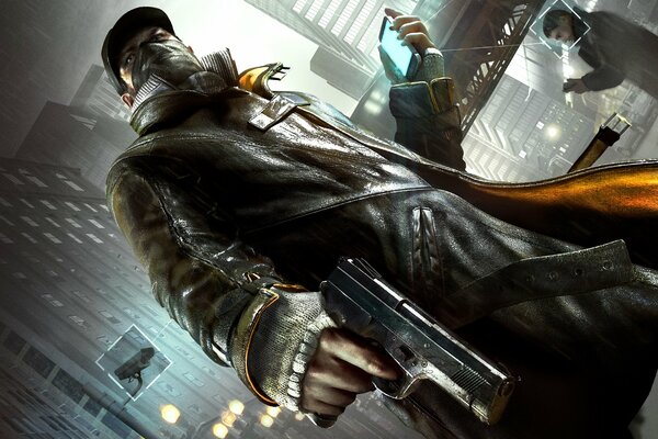 Le personnage principal de Watch dogs avec un pistolet et un téléphone dans les mains