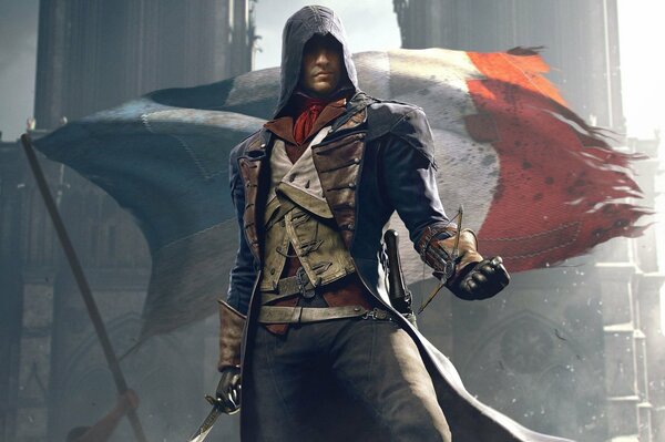 Assassin on the background of the flag of France