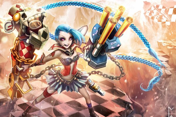 Chica de pelo azul Jinx con armas