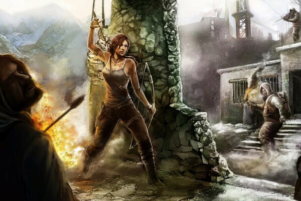 Tomb raider, chica con arco se refugió detrás de la columna, ella lucha en enemigos