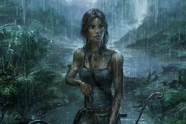 Lara Croft sostiene un arco y camina por la sombría jungla